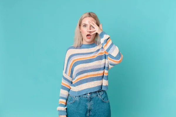 Blond Pretty Woman Looking Shocked Scared Terrified Covering Face Hand — Stock Photo, Image