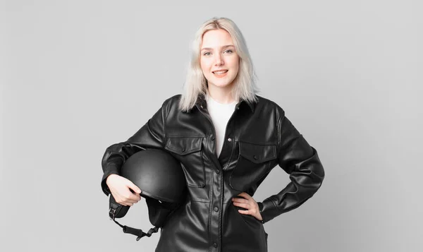 Blond Pretty Woman Smiling Happily Hand Hip Confident Motorbike Rider — Foto Stock