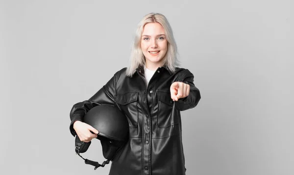 Blond Pretty Woman Pointing Camera Choosing You Motorbike Rider Concept — Foto Stock