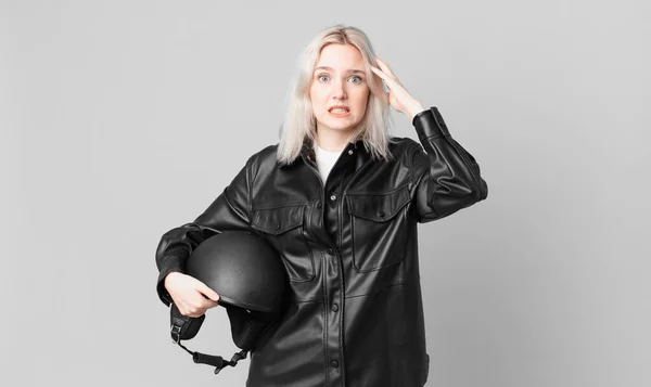 Blond Pretty Woman Feeling Stressed Anxious Scared Hands Head Motorbike — Foto Stock