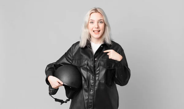 Blond Pretty Woman Feeling Happy Pointing Self Excited Motorbike Rider — Foto Stock