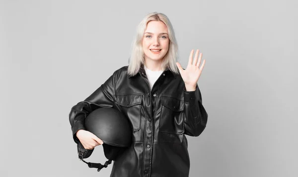 Blond Pretty Woman Smiling Looking Friendly Showing Number Five Motorbike — Foto Stock