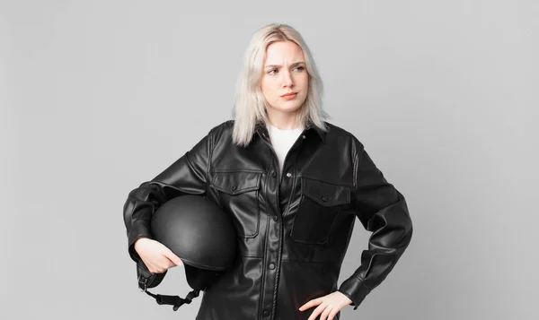 Blond Pretty Woman Feeling Sad Upset Angry Looking Side Motorbike — Foto Stock