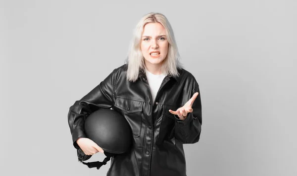 Blond Pretty Woman Looking Angry Annoyed Frustrated Motorbike Rider Concept — Foto Stock
