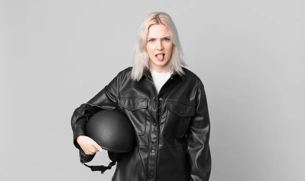 Blond Pretty Woman Feeling Disgusted Irritated Tongue Out Motorbike Rider — Foto Stock