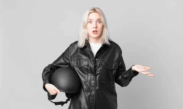 Blond Pretty Woman Feeling Extremely Shocked Surprised Motorbike Rider Concept — Foto Stock