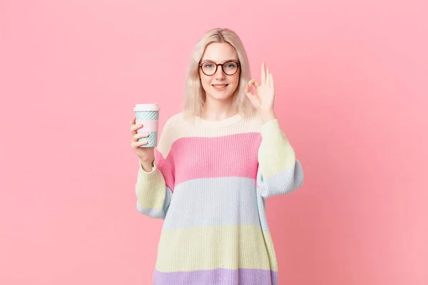 Blond Pretty Woman Feeling Happy Showing Approval Okay Gesture Coffee — Foto Stock
