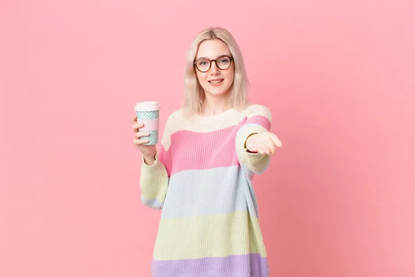 Blond Pretty Woman Smiling Happily Friendly Offering Showing Concept Coffee — Foto Stock