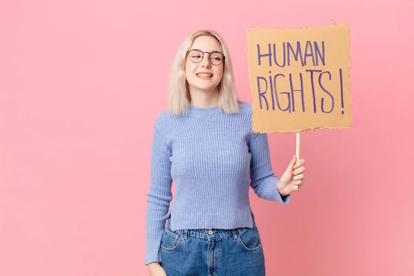 Blond Woman Protesting Cardboard Banner —  Fotos de Stock