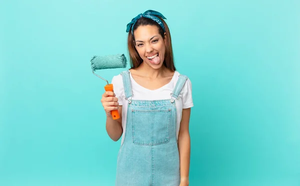 Young Hispanic Woman Cheerful Rebellious Attitude Joking Sticking Tongue Out — Fotografia de Stock