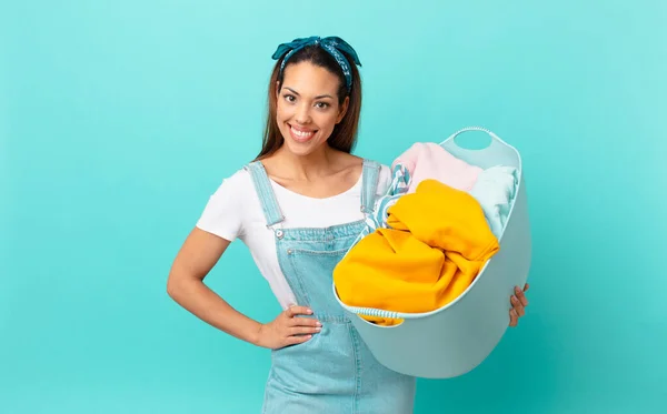Young Hispanic Woman Smiling Happily Hand Hip Confident Washing Clothes — Φωτογραφία Αρχείου