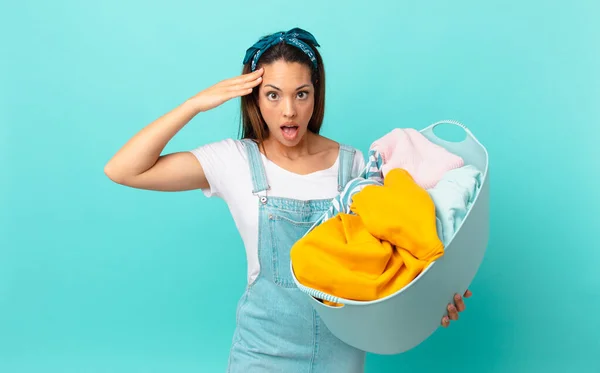 Young Hispanic Woman Looking Happy Astonished Surprised Washing Clothes — Stock Photo, Image