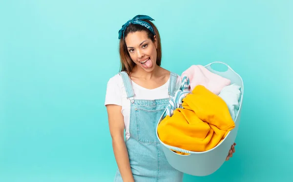 Young Hispanic Woman Cheerful Rebellious Attitude Joking Sticking Tongue Out — Stok fotoğraf