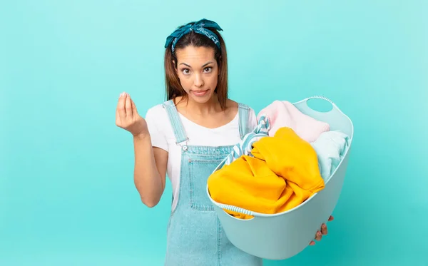 Young Hispanic Woman Making Capice Money Gesture Telling You Pay — Stok fotoğraf