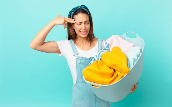 Young Hispanic Woman Looking Unhappy Stressed Suicide Gesture Making Gun — Stock Photo, Image