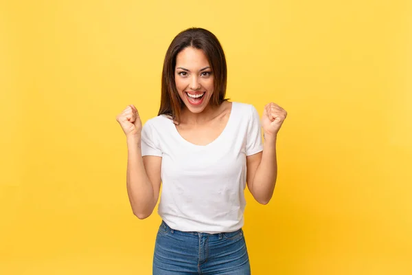 Young Hispanic Woman Feeling Shocked Laughing Celebrating Success — Stock Photo, Image