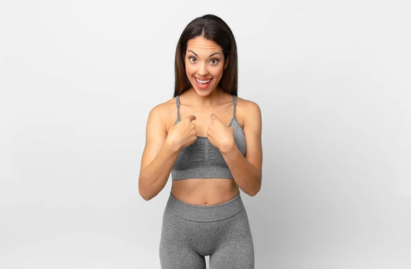 Young Hispanic Woman Feeling Happy Pointing Self Excited Fitness Concept — Stock Photo, Image