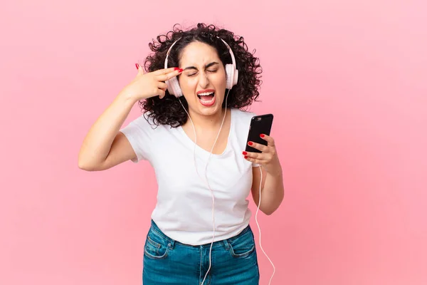 Pretty Arab Woman Looking Unhappy Stressed Suicide Gesture Making Gun — Stock Photo, Image