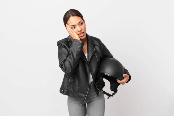 Young Hispanic Woman Feeling Bored Frustrated Sleepy Tiresome Motorbike Rider — Stock Photo, Image