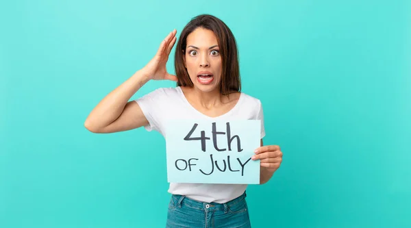 Young Hispanic Woman Screaming Hands Air Independence Day Concept — Stock Photo, Image