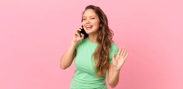 Young Pretty Woman Smiling Happily Waving Hand Welcoming Greeting You — Stock Photo, Image