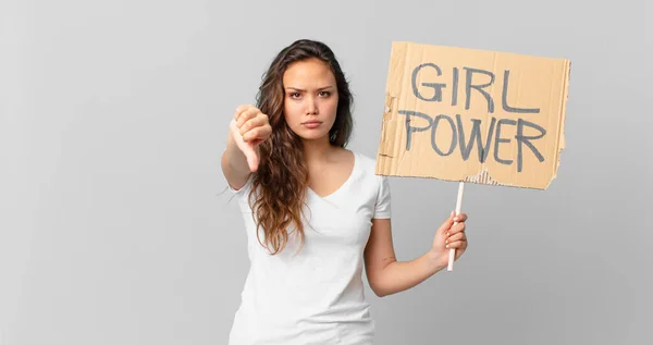 Young Pretty Woman Feeling Cross Showing Thumbs Holding Girl Power — Stock Photo, Image