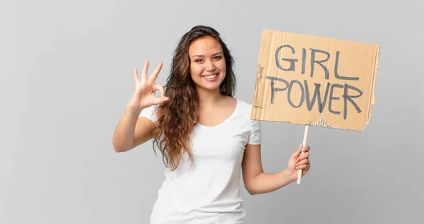 Young Pretty Woman Feeling Happy Showing Approval Okay Gesture Holding — Stock Photo, Image