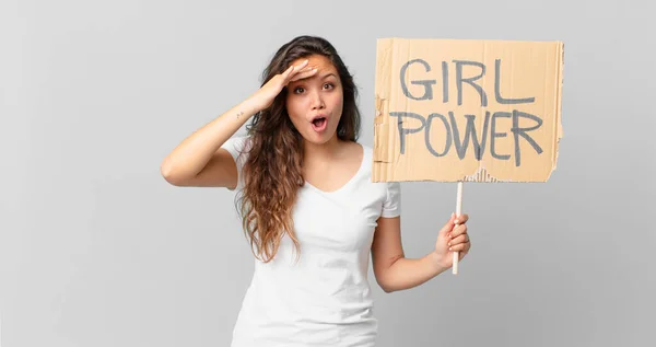 Young Pretty Woman Looking Happy Astonished Surprised Holding Girl Power — Stock Photo, Image