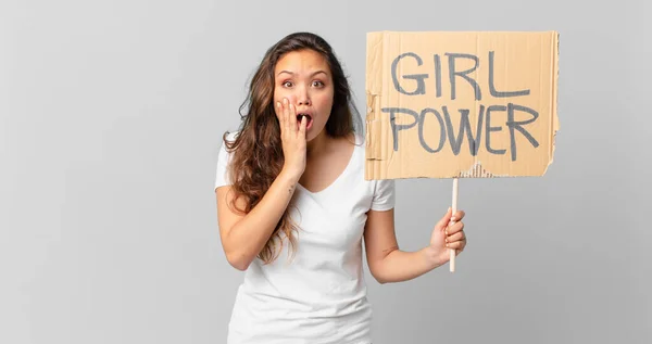 Young Pretty Woman Feeling Shocked Scared Holding Girl Power Banner — Stock Photo, Image