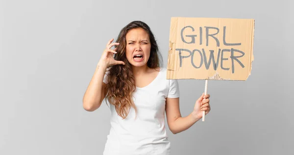 Young Pretty Woman Screaming Hands Air Holding Girl Power Banner — Stock Photo, Image