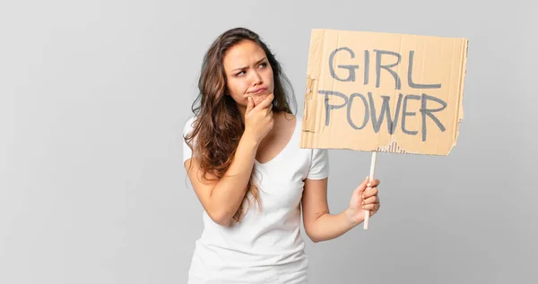 Young Pretty Woman Thinking Feeling Doubtful Confused Holding Girl Power — Stock Photo, Image