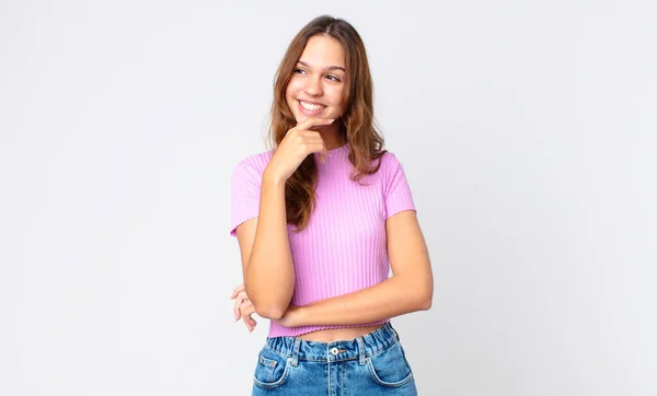 Young Pretty Woman Smiling Happy Confident Expression Hand Chin — Stock Photo, Image