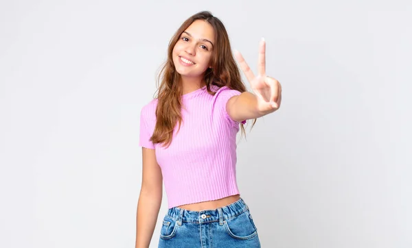 Young Pretty Woman Smiling Looking Happy Gesturing Victory Peace — Stock Photo, Image