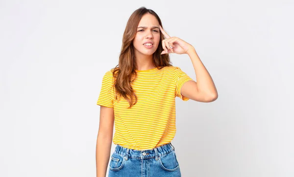 Young Pretty Woman Feeling Confused Puzzled Showing You Insane — Stock Photo, Image