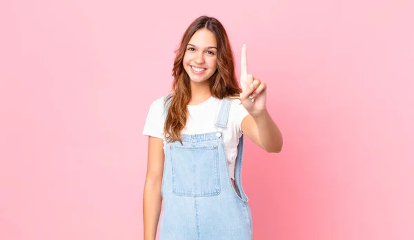 Young Pretty Woman Smiling Looking Friendly Showing Number One — Stock Photo, Image