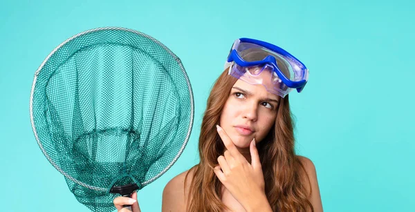 Giovane Bella Donna Pensando Sensazione Dubbia Confusa Con Occhiali Una — Foto Stock