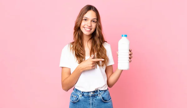 Young Pretty Woman Bottle Milk Glass — Stock Photo, Image