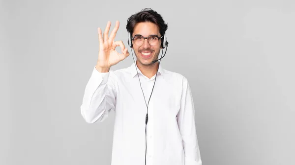 Young Hispanic Man Feeling Happy Showing Approval Okay Gesture Telemarketer — Stock Photo, Image