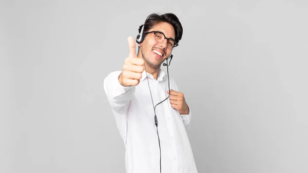 Young Hispanic Man Feeling Proud Smiling Positively Thumbs Telemarketer Concept — Stock Photo, Image