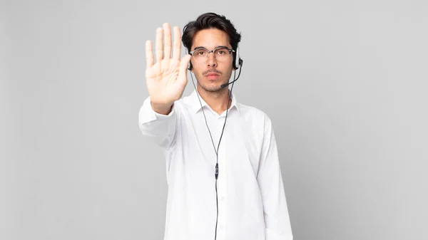 Young Hispanic Man Looking Serious Showing Open Palm Making Stop — Stock Photo, Image