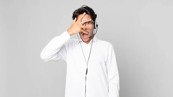 Young Hispanic Man Looking Shocked Scared Terrified Covering Face Hand — Stock Photo, Image