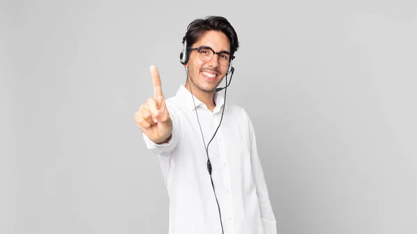 Young Hispanic Man Smiling Proudly Confidently Making Number One Telemarketer — Stock Photo, Image