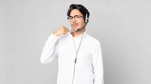 Young Hispanic Man Looking Arrogant Successful Positive Proud Telemarketer Concept — Stock Photo, Image