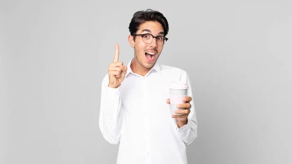 Young Hispanic Man Feeling Happy Excited Genius Realizing Idea Holding — Stock Photo, Image