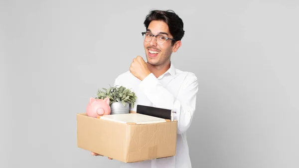 Young Hispanic Man Feeling Happy Facing Challenge Celebrating Dismissal Concept — Stock Photo, Image