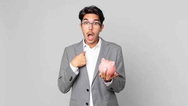 Young Hispanic Man Looking Shocked Surprised Mouth Wide Open Pointing — Stock Photo, Image