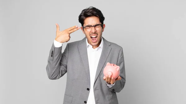 Young Hispanic Man Looking Unhappy Stressed Suicide Gesture Making Gun — Stock Photo, Image