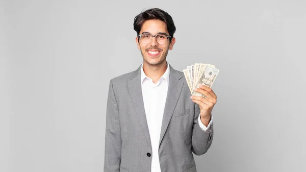 Young Hispanic Man Smiling Happily Hand Hip Confident — Stock Photo, Image