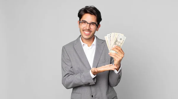 Young Hispanic Man Smiling Cheerfully Feeling Happy Showing Concept — Stock Photo, Image