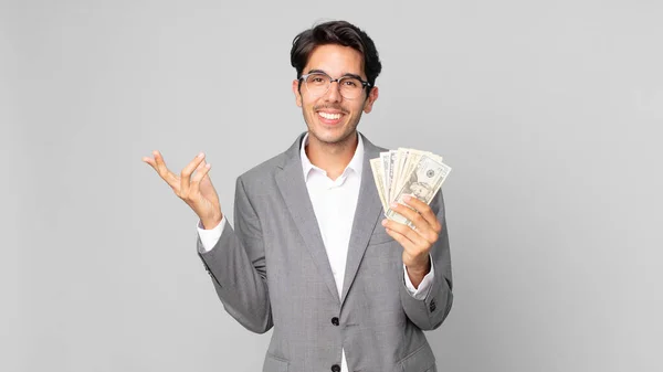 Young Hispanic Man Feeling Happy Surprised Realizing Solution Idea — Stock Photo, Image